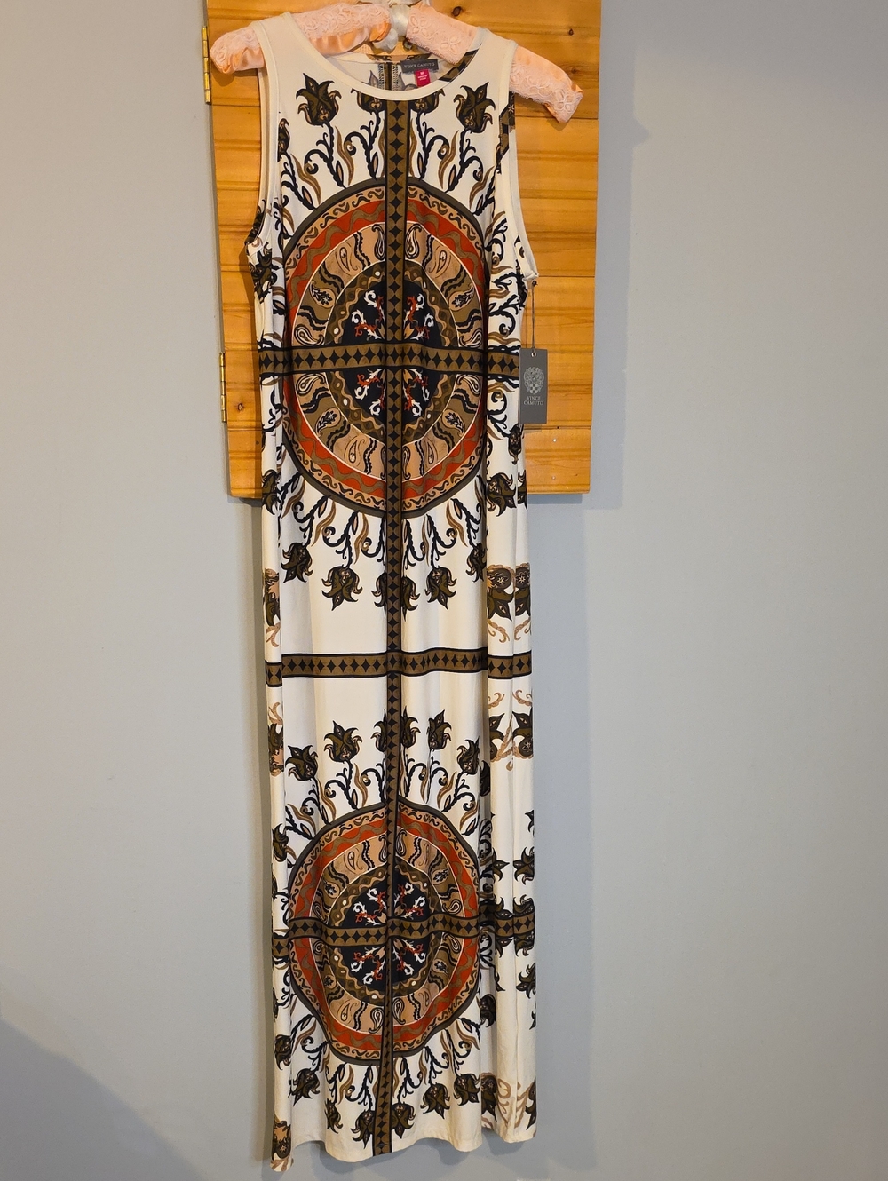 Vince Camuto White Maxi Dress with Brown & Rust Medallion Print‎